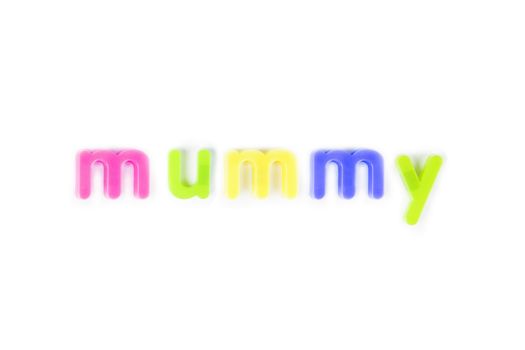 Colorful alphabet magnets spell 'mummy' over white background