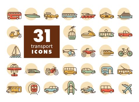 Transportation vector flat icon set. Graph symbol for travel and tourism web site and apps design, logo, app, UI