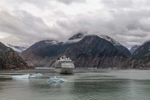 Cruise ship drifting in fjord with icebergs