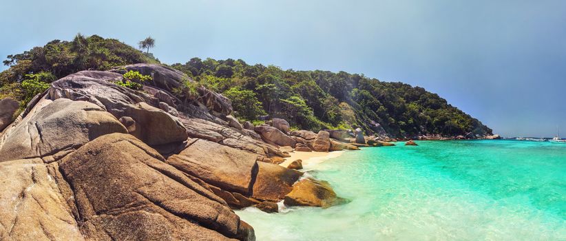 Panorama of unspoiled empty beach of Similan islands with idylli