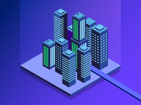 Smart city isometric illustration. Intelligent buildings. Streets of the city connected to computer network. Internet of things concept. Business center with skyscrapers. Eps 10