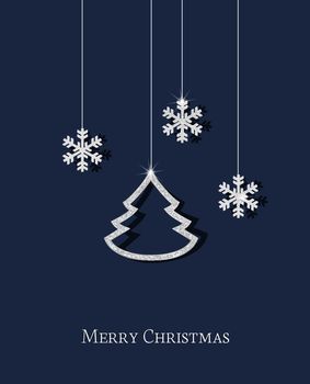 Christmas background with a silver Christmas tree with snowflakes, Happy Christmas greeting card