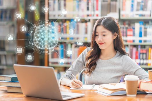 Polygonal brain shape of an artificial intelligence with various icon of smart city Internet of Things Technology over Asian young Student using technology laptop in library of university