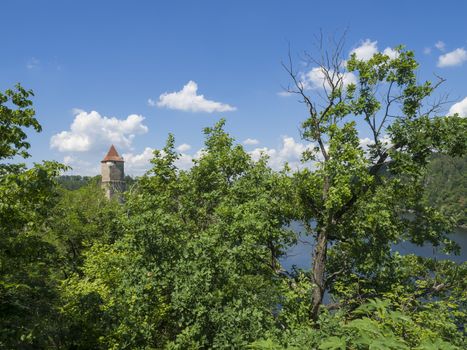 view on medieval czech castle Zvikov round tower and river Vltav