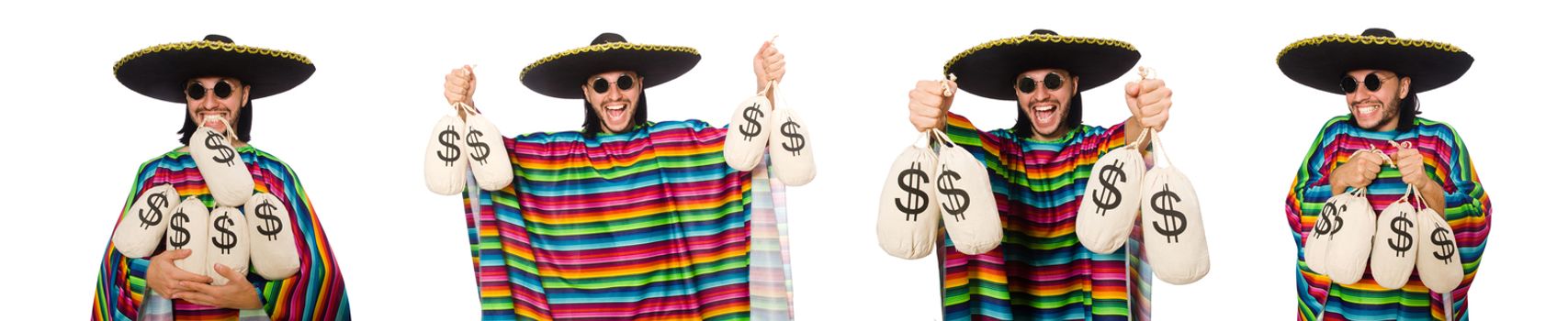 Handsome man in vivid poncho holding money bags isolated on whit