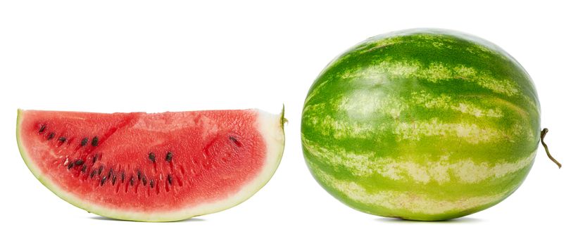 green striped whole round watermelon and a piece with red pulp a