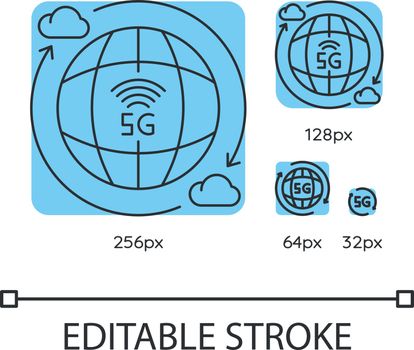 5G global standard blue linear icons set