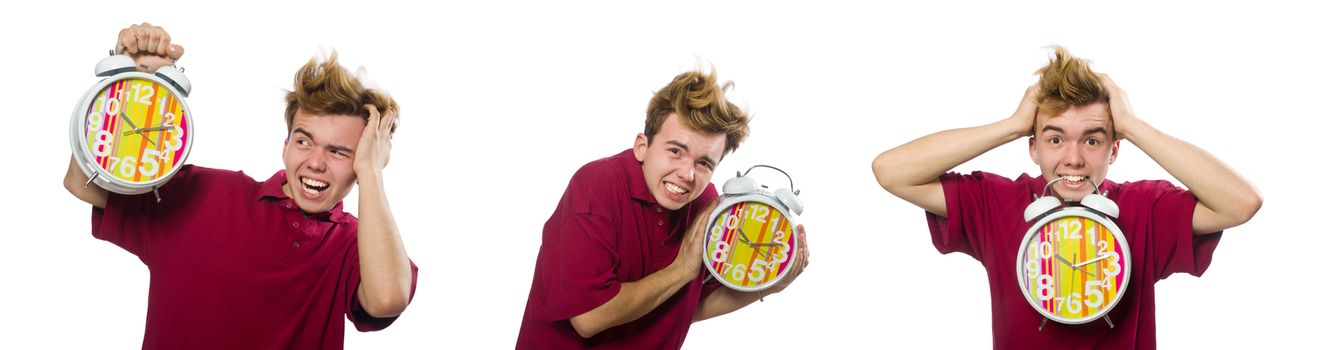 Student holding alarm clock isolated on white