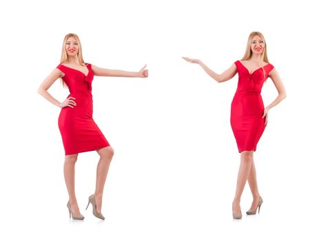 Blondie in red dress isolated on white