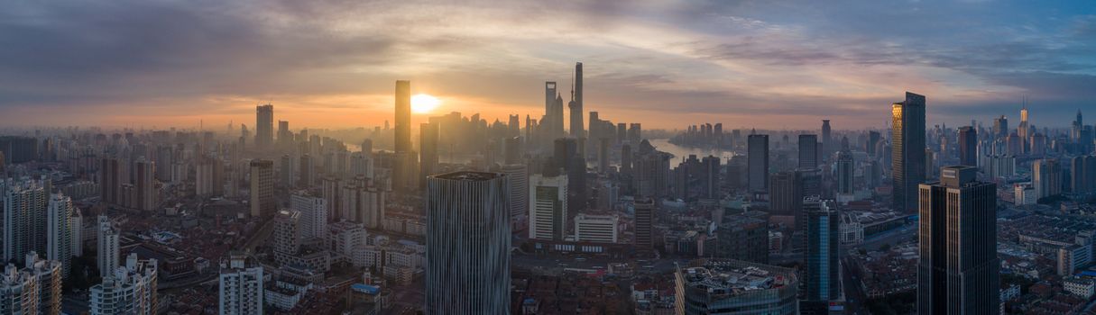 Shanghai Skyline at Sunrise. Panoramic Aerial View.
