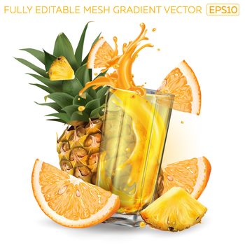 Pineapple, orange and a glass of splashing fruit juice.