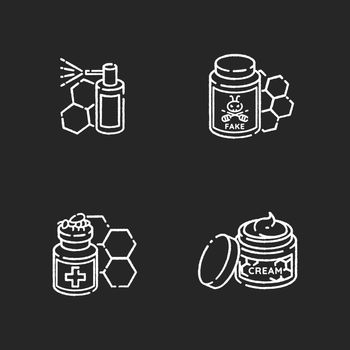 Natural bee products chalk white icons set on black background