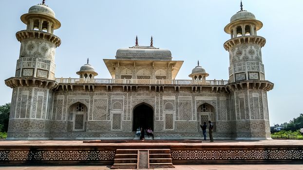 Taj Mahal Tomb mausoleum, a white marble of Mughal emperor Shah Jahan in memory of his wife Mumtaj. Taj Mahal is jewel of Muslim art and a masterpieces of world heritage. Agra, India South Asia Pacific August 19, 2019