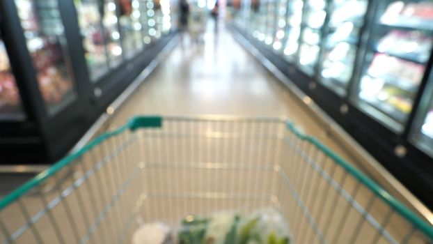 Blurry images of supermarket cart in big stores