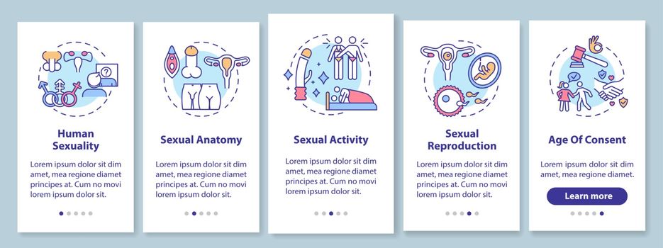 Human sexuality onboarding mobile app page screen with concepts