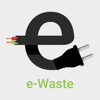 E-waste garbage icon. Old discarded electronic waste to recycling symbol. Ecology concept. Design by wire with plug in form of letter e sign. Flat colors style vector isolated on grey background
