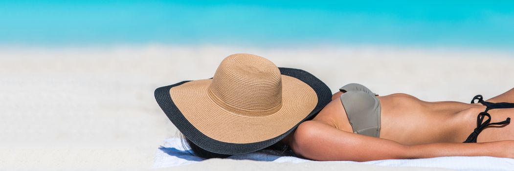 Beach relaxation woman sleeping with hat banner