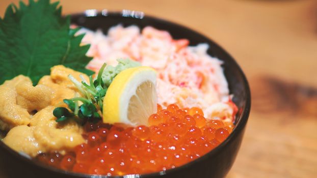 Close-up images of japanese seafood rice bowl 