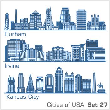 Cities of USA - Durham, Irvine, Kansas City. Detailed architecture. Trendy vector illustration.