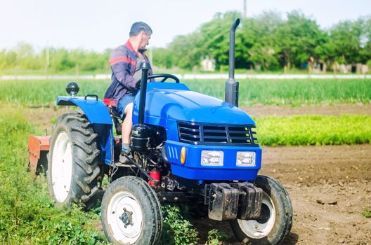 A farmer drives a tractor while working on a farm field. Loosening surface, cultivating the land. Farming, agriculture. Use of agricultural machinery and equipment to simplify and speed up work.