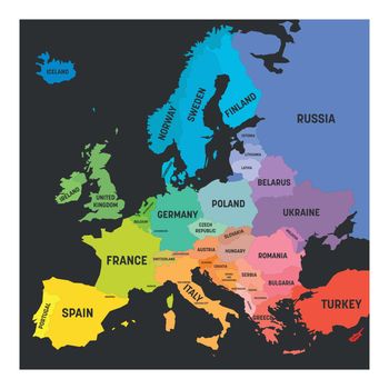 Map of Europe in colors of rainbow spectrum. With European countries names.