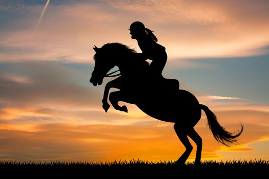 illustration of girl on horseback at sunset