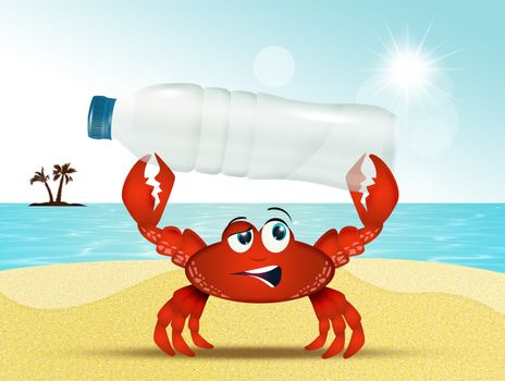 illustration of crab with plastic bottle on the beach