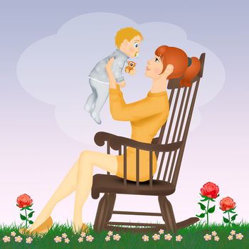 mom cuddles the baby on rocking chair
