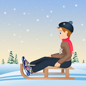 illustration of boy on sleigh in winter