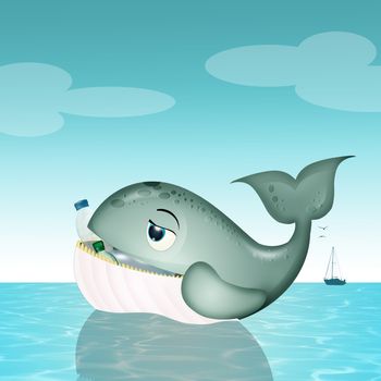 illustration of whale eats plastic waste