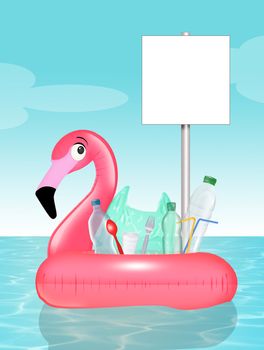 inflatable flamingo with plastic waste