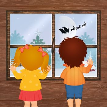 children looking at the window the sleigh of Santa Claus