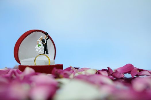 Miniature photography outdoor marriage wedding concept, bride and groom standing above opened ring box on red white rose flower pile