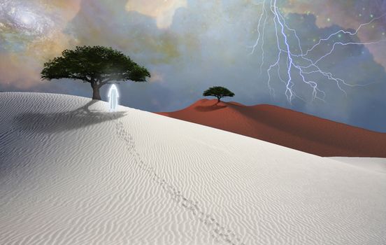Pilgrim in surreal desert