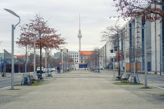 Street view of Berlin skyline with retro vintage Instagram style