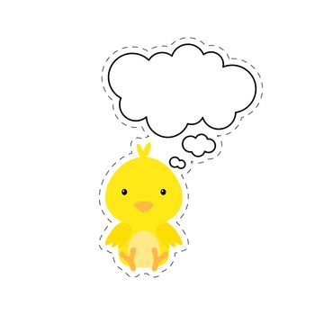 Cute cartoon chick with speech bubble sticker. Kawaii character 