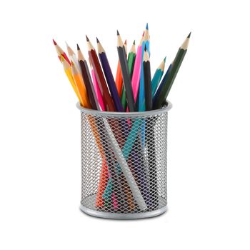 Desk tidy with colored pencils on white