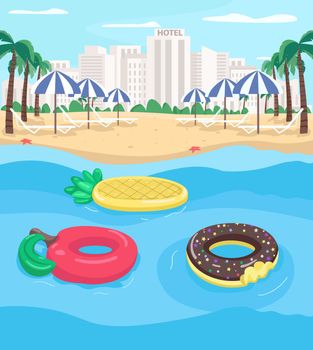 Seaside resort and pool floats flat color vector illustration