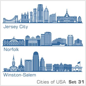 Cities of USA - Jersey City, Norfolk, Winston-Salem. Detailed architecture. Trendy vector illustration.