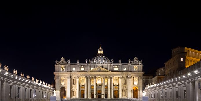 Saint Peter Basilica in Vatican City illuminated by night, maste