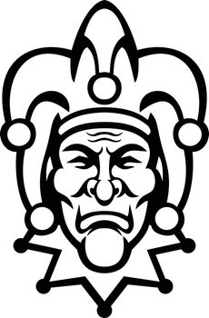 Medieval Court Jester Head Front View Mascot Black and White