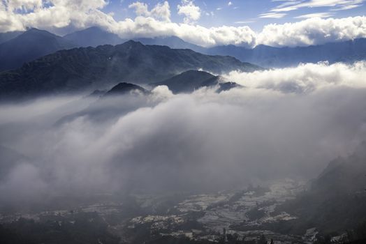Rice field terraces. Mountain view in the clouds. Sapa, Lao Cai Province, north-west Vietnam