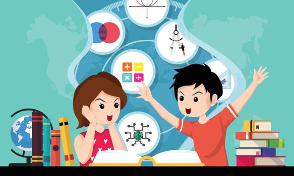 Schoolkids openning book. Concept of back to school, education, imagination. Student boy and girl reading about Mathematic, supplies and learning. Horizontal web banner template. Vector illustration