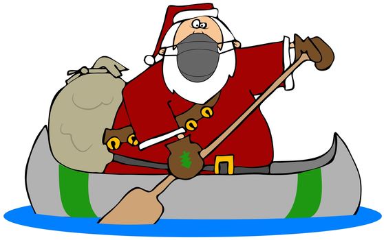 Santa paddling a canoe and wearing a face mask