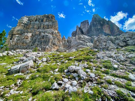Five Towers, Italian Alps. Cinque Torri landscape in summer seas