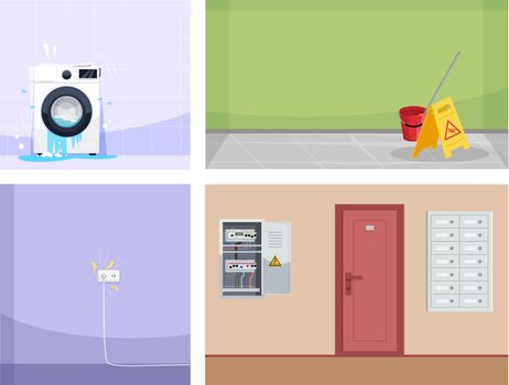 Typical household accidents semi flat vector illustration set