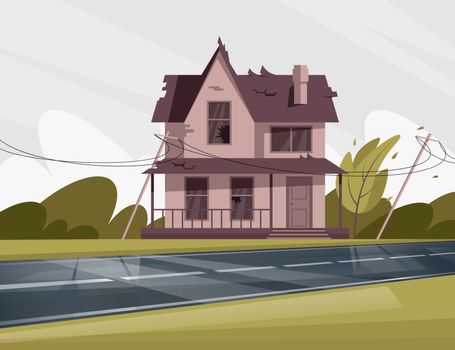Shabby house with broken windows and roof semi flat vector illustration