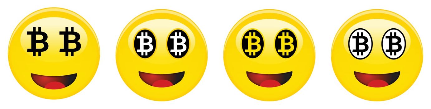 Bitcoin smiley emoticon. Yellow laughing 3d emoji with black and white btc symbols in place of eyes and red opened mouth.
