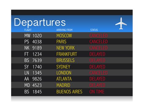 Airport crisis departure table - delayed and cancelled flights
