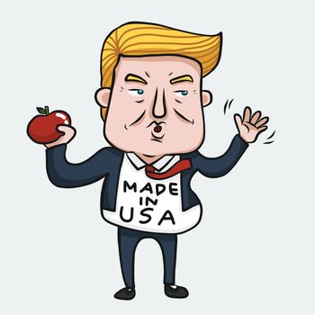 Donald Trump cartoon Drawing editorial illustration, 45th President of the United States with apple in hand - Vector